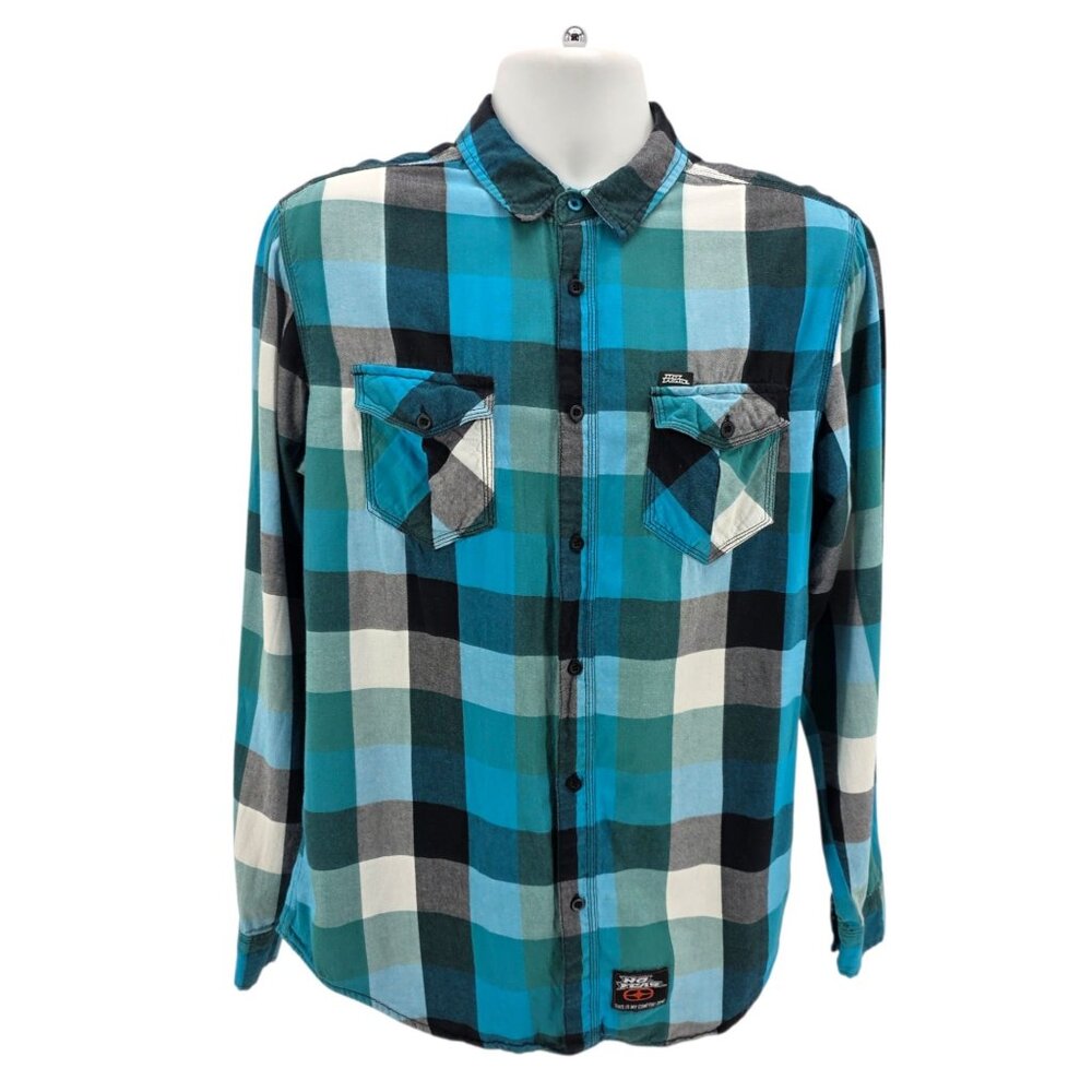 Vintage No Fear Mens Medium Shirt Flannel Checker Button Down Aqua Blue Green